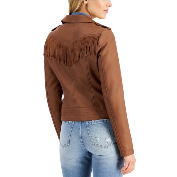 CoffeeShop Junior's Brown Faux Leather Fringe Moto Jacket Size L - Picture 5 of 9